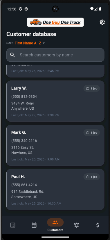 One Guy One Truck Customers screen