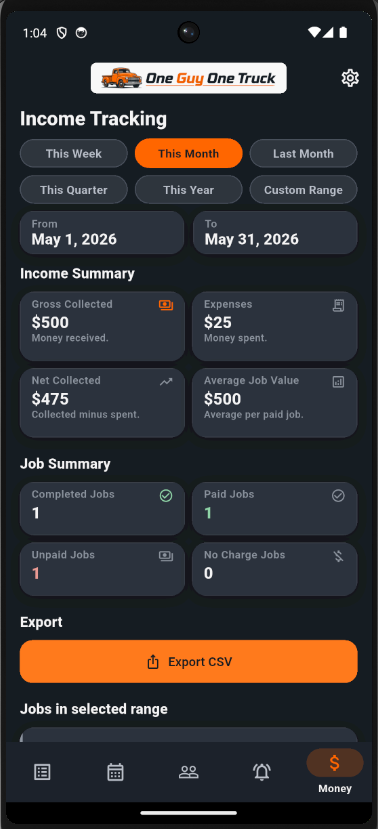 One Guy One Truck Income Tracking screen