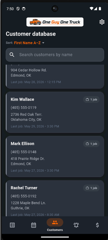 One Guy One Truck customer list screen