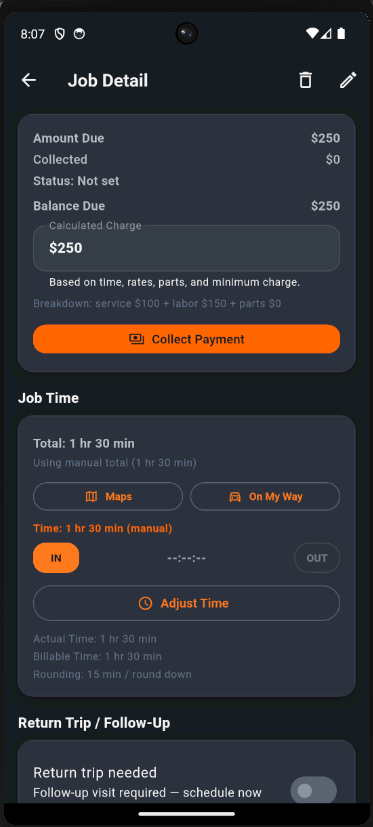 One Guy One Truck job detail and follow-up screen