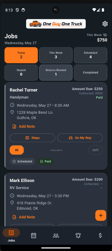 One Guy One Truck jobs dashboard showing scheduled jobs, paid status, amount due, return needed count, Maps, On My Way, and clock-in controls