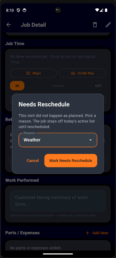 One Guy One Truck rescheduling screen