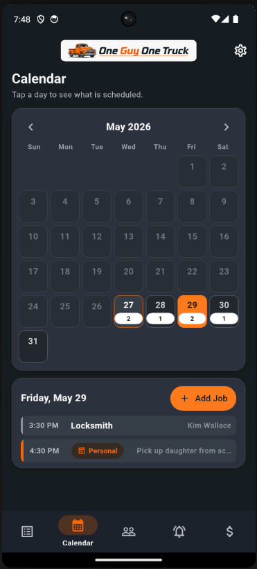 One Guy One Truck scheduling screen