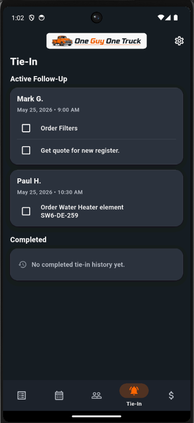 One Guy One Truck Follow-Up screen